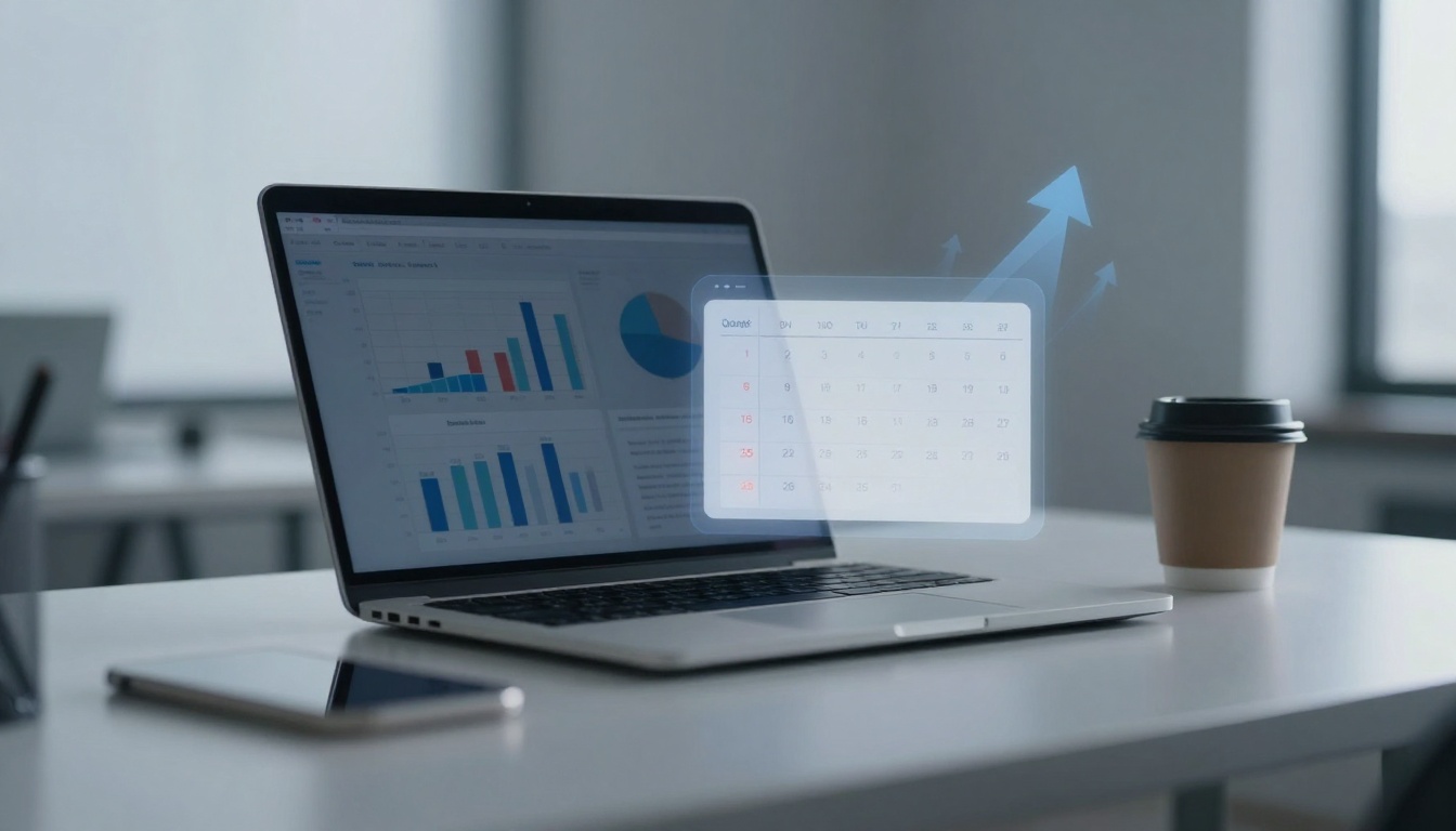 A laptop displaying graphs and charts is on a white table, with a calendar graphic overlay and upward arrows. A smartphone and a takeaway coffee cup are nearby.