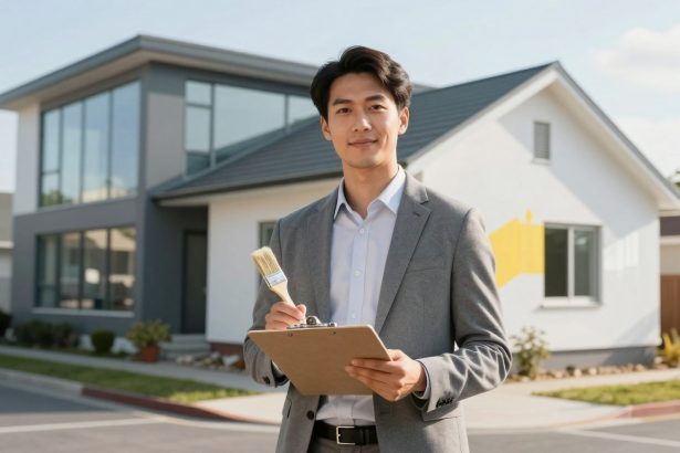 A man in a gray suit holds a clipboard and paintbrush, standing in front of a modern house with large windows and a yellow design.