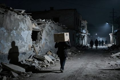 A person carrying a cardboard box on their head walks through a dimly lit, debris-filled street with damaged buildings. Shadows and silhouettes of other people are visible in the background.