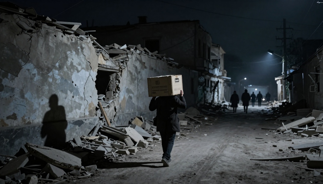 A person carrying a cardboard box on their head walks through a dimly lit, debris-filled street with damaged buildings. Shadows and silhouettes of other people are visible in the background.