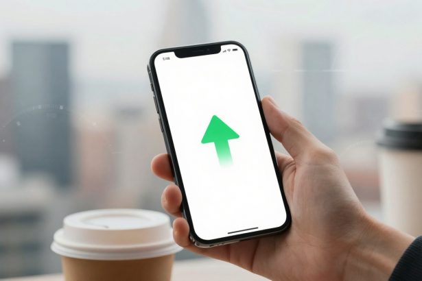 A hand holds a smartphone displaying a green upward arrow on a white screen. A coffee cup with a lid is in the blurred background.