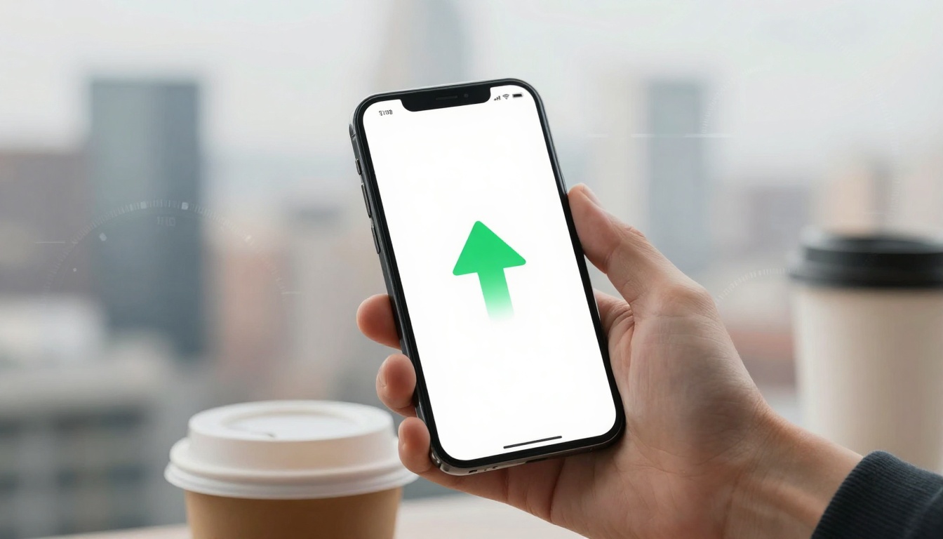 A hand holds a smartphone displaying a green upward arrow on a white screen. A coffee cup with a lid is in the blurred background.