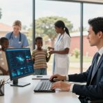 A man in a suit sits at a desk with a computer displaying data graphs. In the background, three healthcare professionals interact with two children, one wearing a striped shirt, in a bright room with large windows.