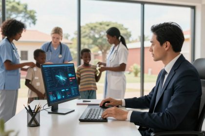 A man in a suit sits at a desk with a computer displaying data graphs. In the background, three healthcare professionals interact with two children, one wearing a striped shirt, in a bright room with large windows.