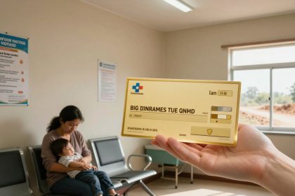 A hand holds a yellow card with text and graphics in a waiting room. A woman sits on a bench, holding a sleeping child. Posters are on the wall, and a window shows a dirt road and trees outside.