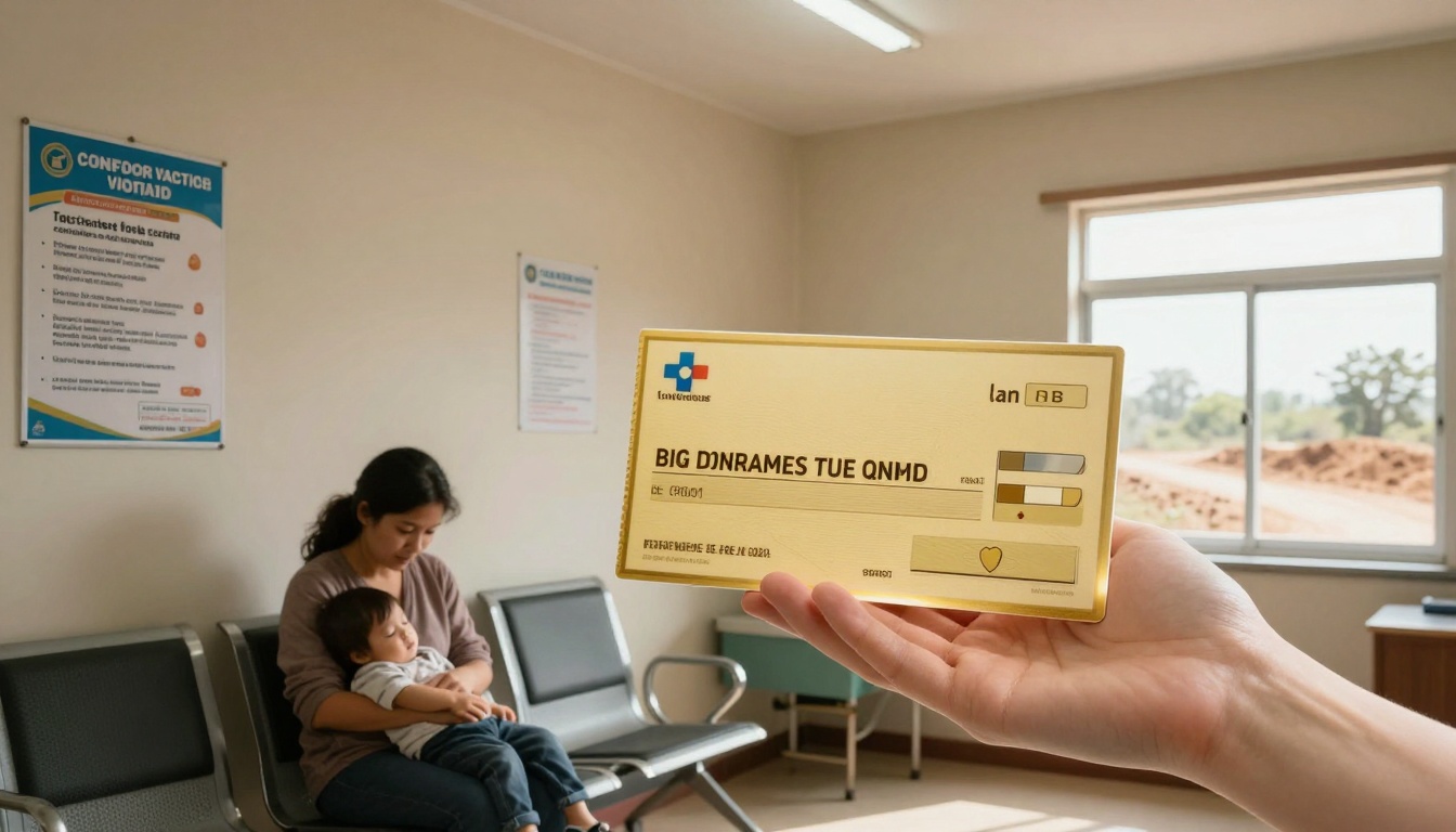 A hand holds a yellow card with text and graphics in a waiting room. A woman sits on a bench, holding a sleeping child. Posters are on the wall, and a window shows a dirt road and trees outside.