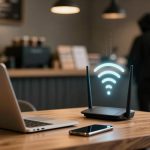 A laptop and smartphone are on a wooden table in a café. A glowing Wi-Fi symbol hovers above a router. A person in a hoodie stands in the background.