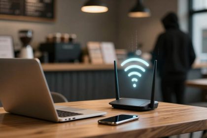 A laptop and smartphone are on a wooden table in a café. A glowing Wi-Fi symbol hovers above a router. A person in a hoodie stands in the background.