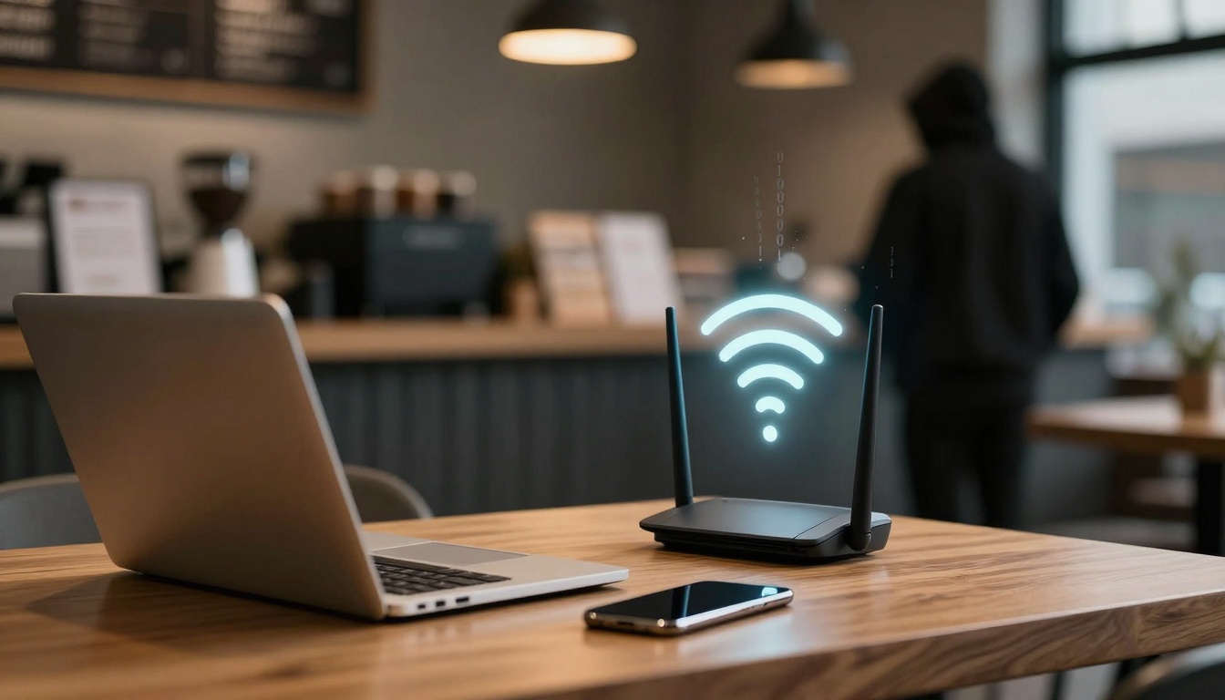 A laptop and smartphone are on a wooden table in a café. A glowing Wi-Fi symbol hovers above a router. A person in a hoodie stands in the background.