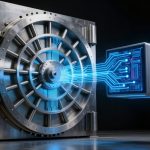 A large metallic vault door with a circular design is on the left, connected by glowing blue digital circuitry to a futuristic data panel on the right, set against a dark background.