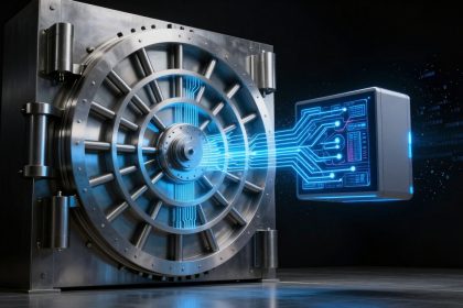 A large metallic vault door with a circular design is on the left, connected by glowing blue digital circuitry to a futuristic data panel on the right, set against a dark background.