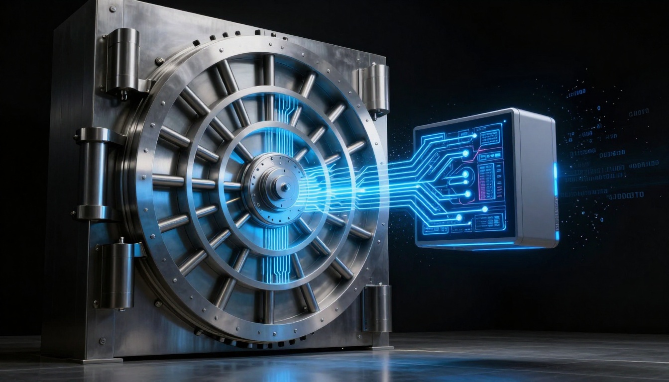 A large metallic vault door with a circular design is on the left, connected by glowing blue digital circuitry to a futuristic data panel on the right, set against a dark background.