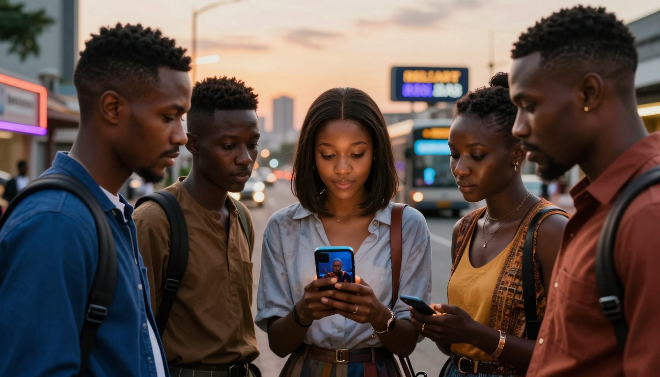 Five people stand closely in an urban setting at dusk, focused on their smartphones. One woman in the center holds a phone with a visible screen. They are wearing casual clothing and backpacks. The background shows blurred city lights and buildings.