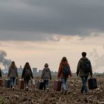 A group of people with backpacks and suitcases walks across a barren field towards a city skyline under a cloudy sky. Smoke rises in the distance.
