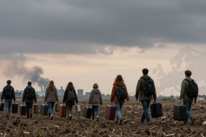 A group of people with backpacks and suitcases walks across a barren field towards a city skyline under a cloudy sky. Smoke rises in the distance.