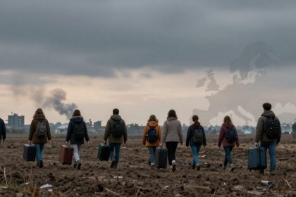 A group of eight people, wearing jackets and backpacks, walk across a muddy field carrying suitcases. Smoke rises in the distance under a cloudy sky.