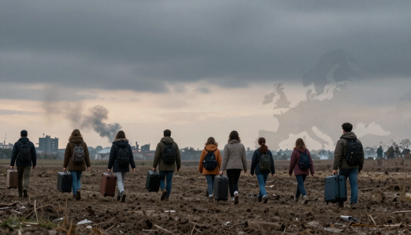 A group of eight people, wearing jackets and backpacks, walk across a muddy field carrying suitcases. Smoke rises in the distance under a cloudy sky.