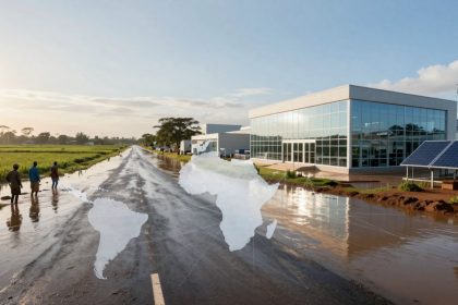 A flooded road with three people standing on the left. A modern building with glass windows and solar panels is on the right. Fields and trees are in the background. A translucent world map overlay covers the scene.