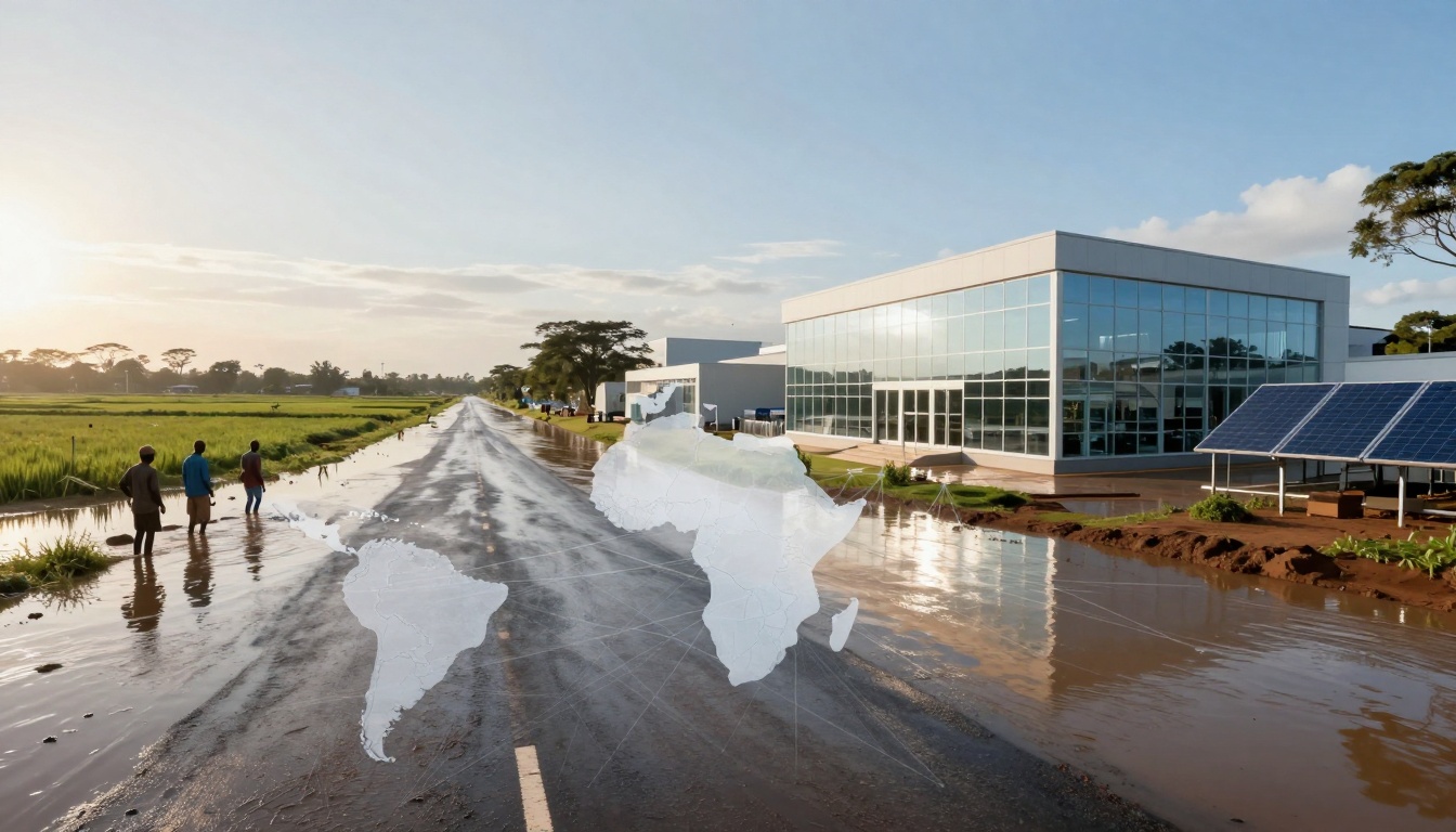 A flooded road with three people standing on the left. A modern building with glass windows and solar panels is on the right. Fields and trees are in the background. A translucent world map overlay covers the scene.