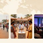 Three images are shown. Left: A man in traditional attire speaks into a microphone, with people and international flags behind him. Center: Three men in traditional clothing light candles outdoors, with a building in the background. Right: An audience watches a speaker on stage, with a large screen displaying a man and an American flag.