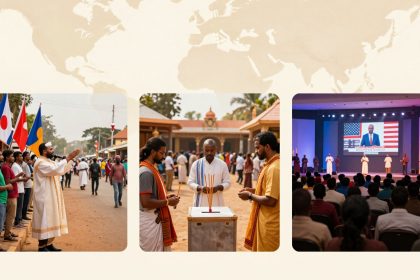 Three images are shown. Left: A man in traditional attire speaks into a microphone, with people and international flags behind him. Center: Three men in traditional clothing light candles outdoors, with a building in the background. Right: An audience watches a speaker on stage, with a large screen displaying a man and an American flag.