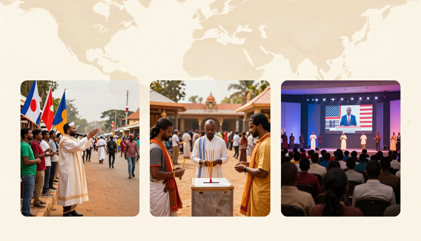Three images are shown. Left: A man in traditional attire speaks into a microphone, with people and international flags behind him. Center: Three men in traditional clothing light candles outdoors, with a building in the background. Right: An audience watches a speaker on stage, with a large screen displaying a man and an American flag.