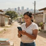 A woman in a white blouse stands on a dirt road, smiling at her smartphone. Nearby are books and a sack. In the background, there's a small shop and a city skyline. Digital icons suggest connectivity.