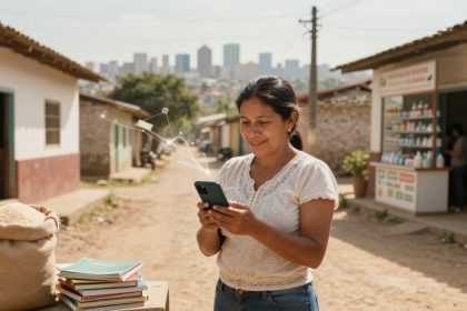 A woman in a white blouse stands on a dirt road, smiling at her smartphone. Nearby are books and a sack. In the background, there's a small shop and a city skyline. Digital icons suggest connectivity.