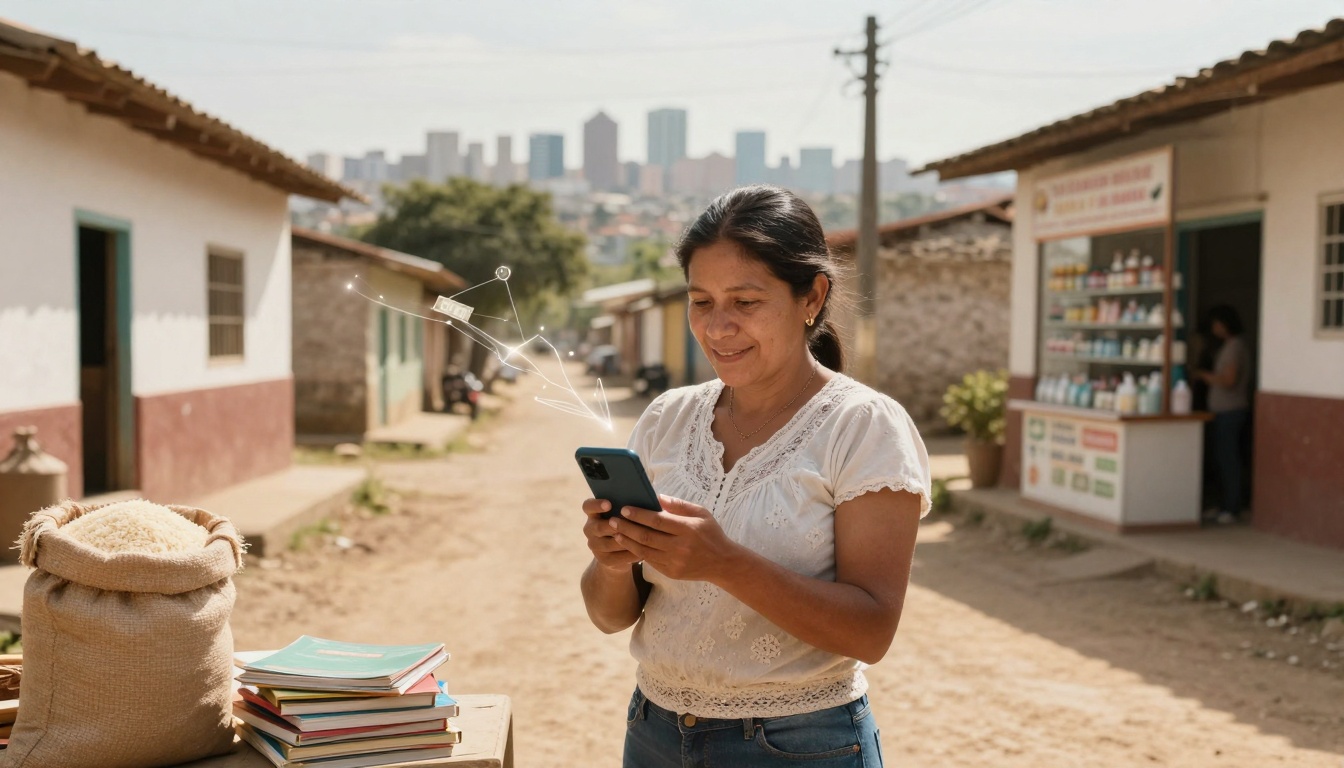 A woman in a white blouse stands on a dirt road, smiling at her smartphone. Nearby are books and a sack. In the background, there's a small shop and a city skyline. Digital icons suggest connectivity.