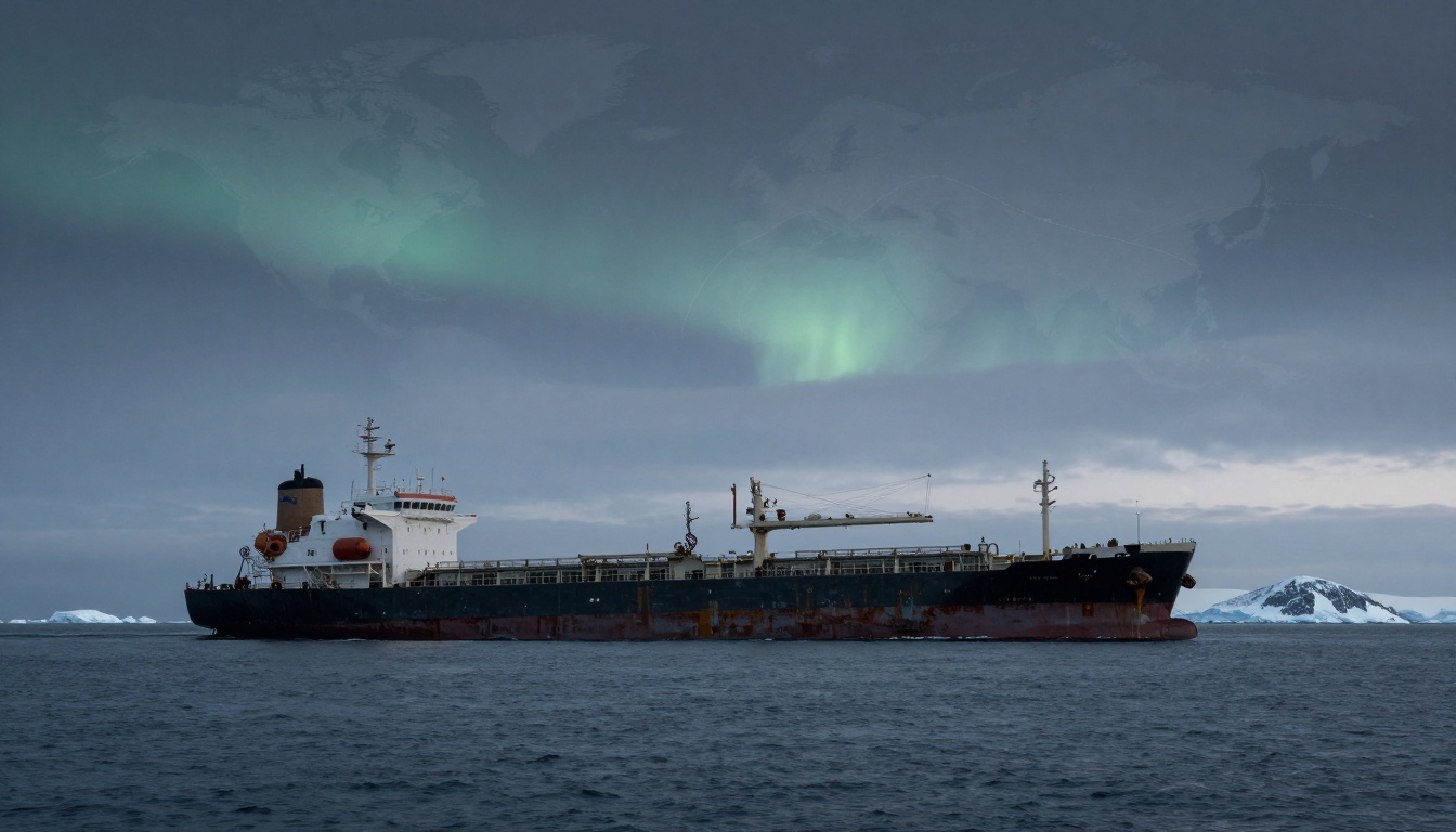 A large cargo ship with a rusted hull sails on a dark ocean. The sky above has a faint green aurora, and icy mountains are visible in the background.