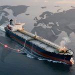 A large cargo ship sails on calm waters with a semi-transparent world map overlay. A white curved line connects two points on the map, indicating a route. The ship emits a small plume of smoke.