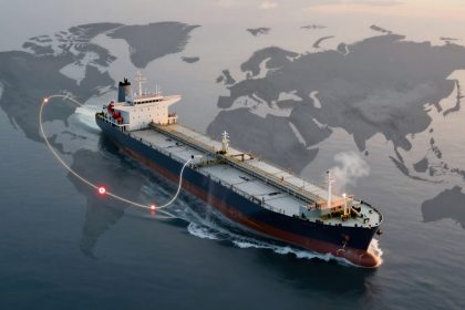 A large cargo ship sails on calm waters with a semi-transparent world map overlay. A white curved line connects two points on the map, indicating a route. The ship emits a small plume of smoke.