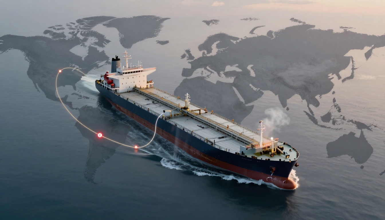 A large cargo ship sails on calm waters with a semi-transparent world map overlay. A white curved line connects two points on the map, indicating a route. The ship emits a small plume of smoke.