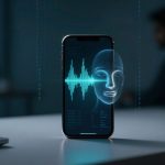 A smartphone on a desk displays a digital face and soundwave graphic. A blurred person sits in the background, with a plant nearby.