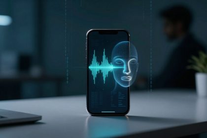 A smartphone on a desk displays a digital face and soundwave graphic. A blurred person sits in the background, with a plant nearby.