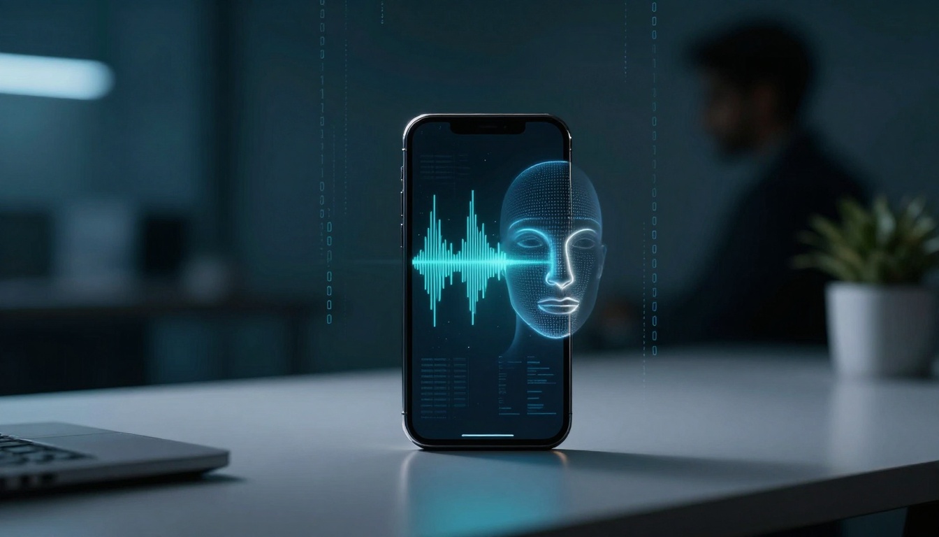 A smartphone on a desk displays a digital face and soundwave graphic. A blurred person sits in the background, with a plant nearby.