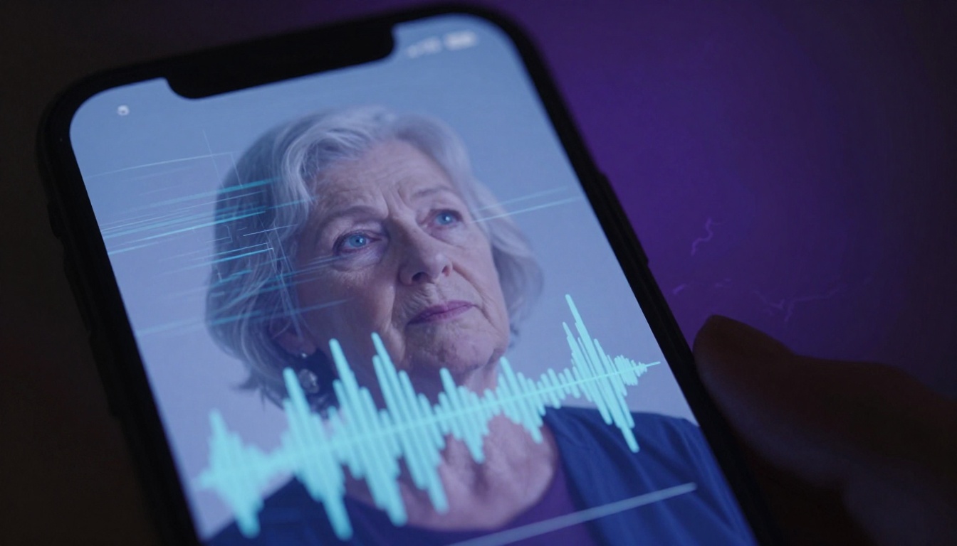 A smartphone screen displays a video of an elderly woman with short gray hair, alongside audio waveforms. The background is purple.