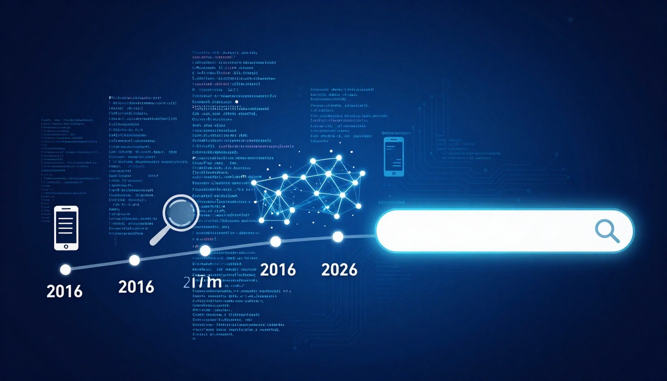 A digital timeline on a blue background features icons of a smartphone and magnifying glass, nodes and connections, with years 2016 and 2026 marked. A glowing search bar is on the right.