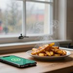 A plate of steaming potato wedges sits on a wooden kitchen counter near a smartphone displaying a green screen with a white chat icon. A window with raindrops and a stove with a pot are in the background.