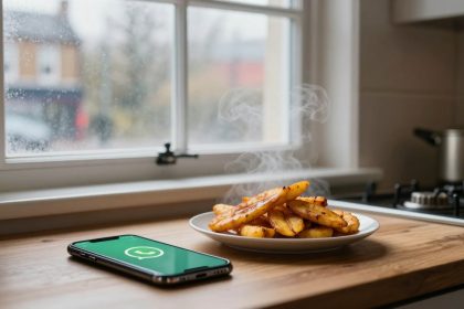 A plate of steaming potato wedges sits on a wooden kitchen counter near a smartphone displaying a green screen with a white chat icon. A window with raindrops and a stove with a pot are in the background.