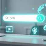 A digital illustration of a search bar labeled "SEO" with icons for documents, video, microphone, and brain, overlaid on a globe. Two laptops are on a desk in a modern office setting.