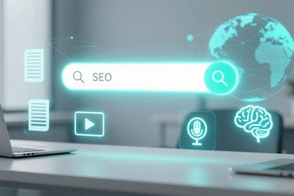 A digital illustration of a search bar labeled "SEO" with icons for documents, video, microphone, and brain, overlaid on a globe. Two laptops are on a desk in a modern office setting.