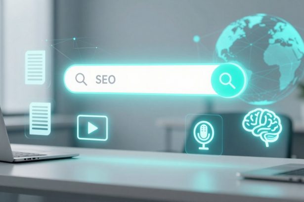 A digital illustration of a search bar labeled "SEO" with icons for documents, video, microphone, and brain, overlaid on a globe. Two laptops are on a desk in a modern office setting.