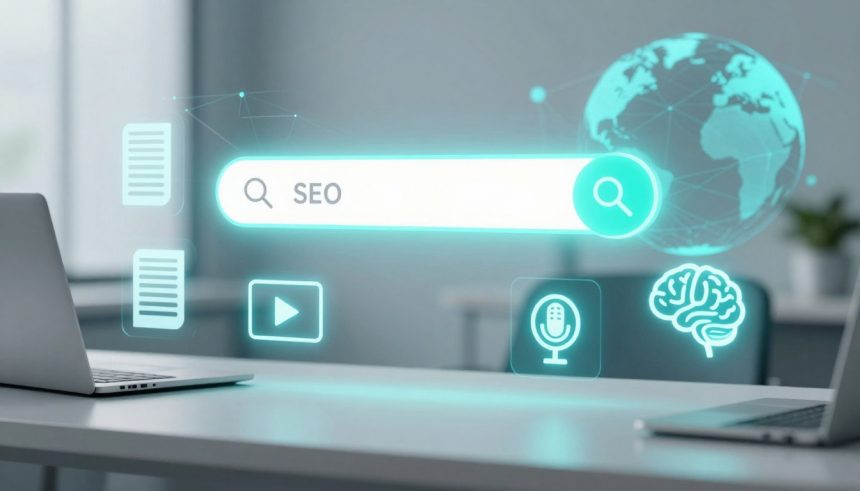 A digital illustration of a search bar labeled "SEO" with icons for documents, video, microphone, and brain, overlaid on a globe. Two laptops are on a desk in a modern office setting.
