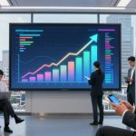 People in business attire are inside a train carriage, viewing a large digital screen displaying a multicolored bar and line graph.