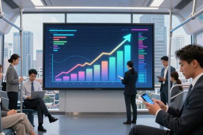 People in business attire are inside a train carriage, viewing a large digital screen displaying a multicolored bar and line graph.