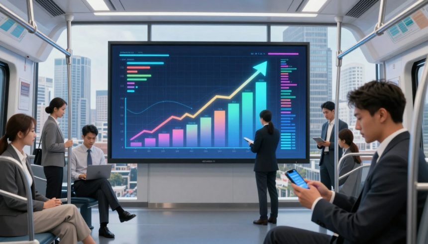 People in business attire are inside a train carriage, viewing a large digital screen displaying a multicolored bar and line graph.