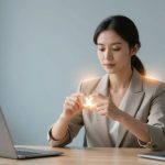 A woman in a beige blazer sits at a desk between two laptops, holding a small glowing "X" symbol. The room is minimalistic with neutral tones.