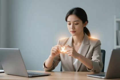 A woman in a beige blazer sits at a desk between two laptops, holding a small glowing "X" symbol. The room is minimalistic with neutral tones.