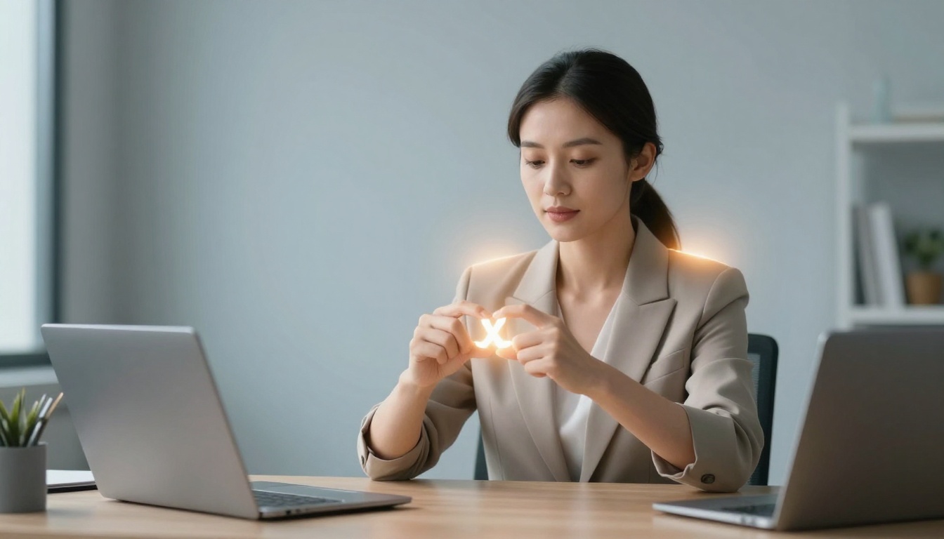 A woman in a beige blazer sits at a desk between two laptops, holding a small glowing "X" symbol. The room is minimalistic with neutral tones.